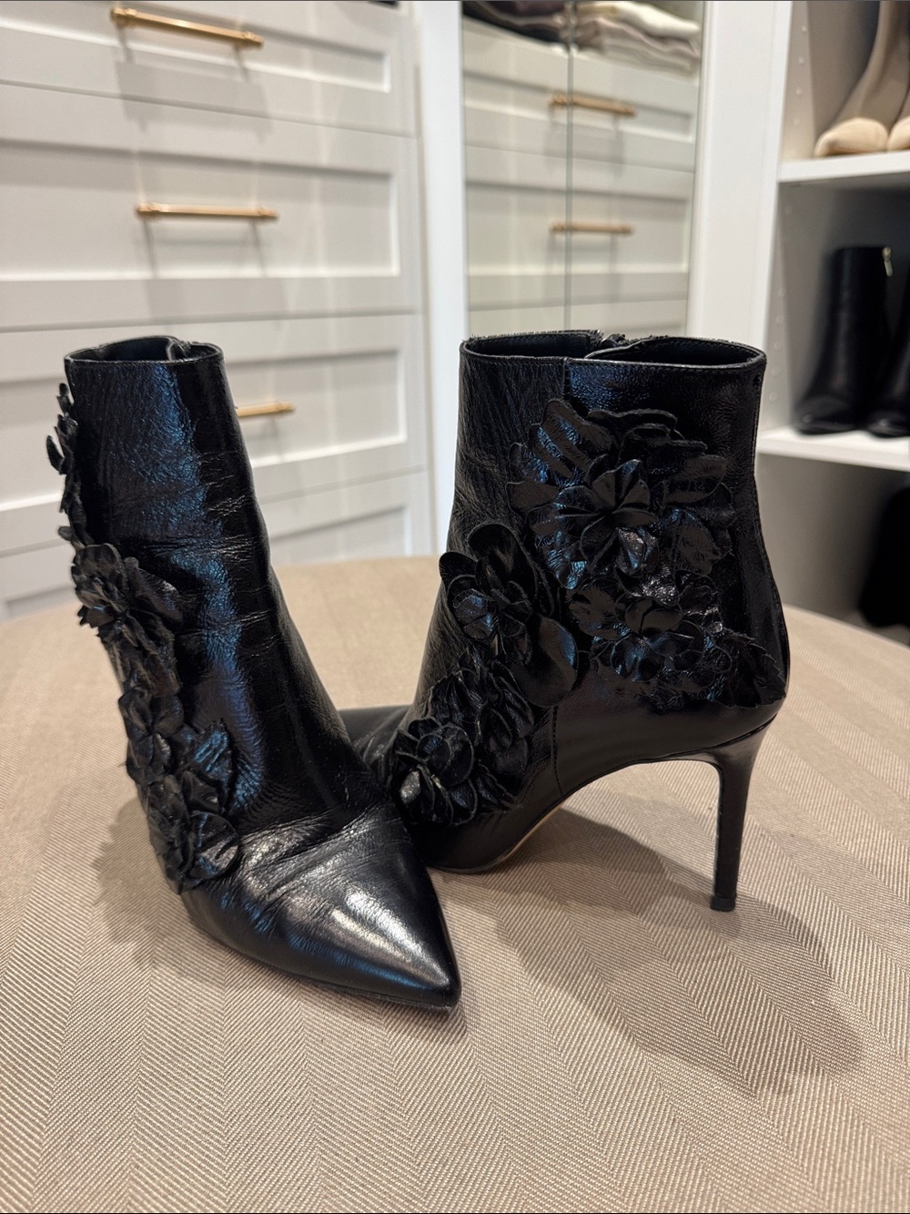 Zara Black Floral Appliqué Pointed-Toe Stiletto Ankle Boots